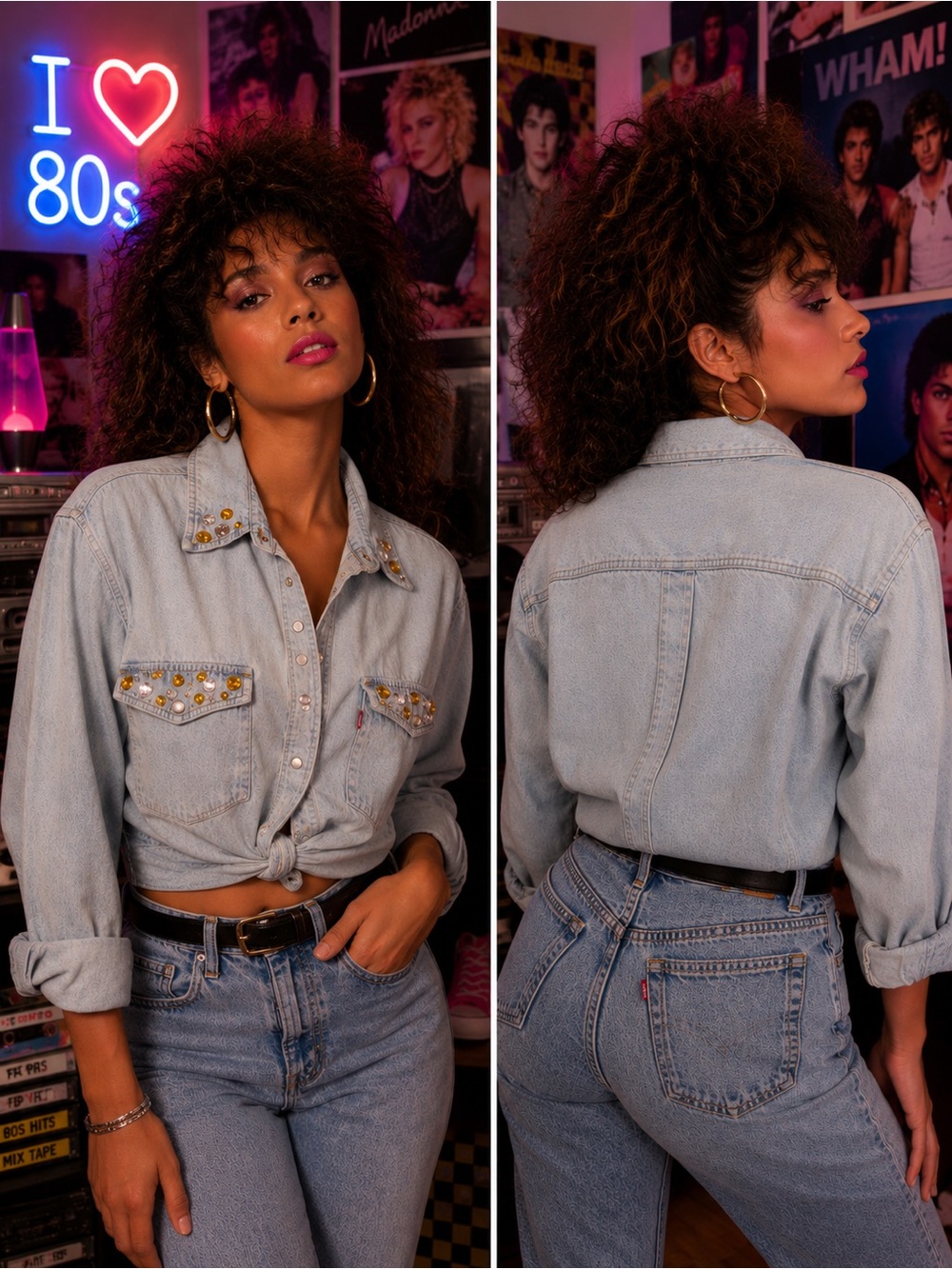 Levi's Light Wash Studded Denim Shirt - Custom Upcycled Bling Pearl Snap
